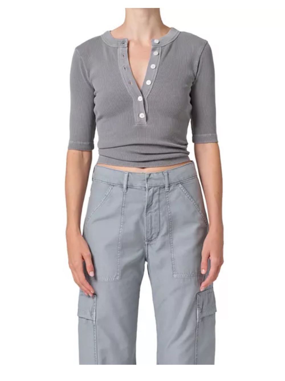 Citizens of Humanity Nali Ribbed Henley Crop Top in Light Gray - Balboa